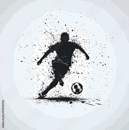 Dynamic silhouette of a soccer player in motion, kicking a ball abstractly.
