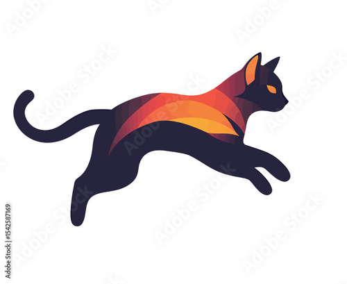 Stylized black cat leaping with vibrant orange and red geometric patterns.