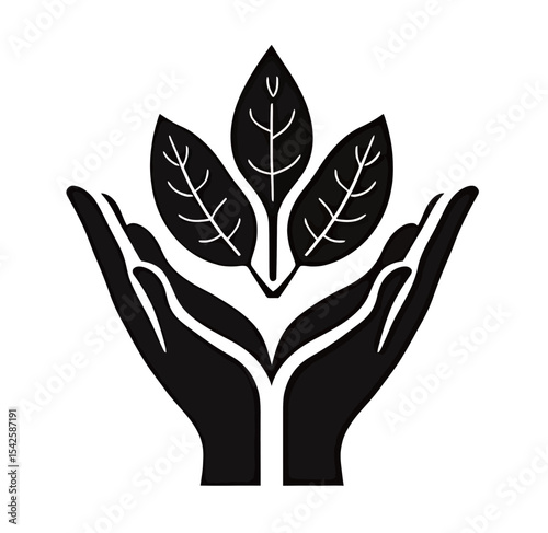 Stylized black silhouette of hands cradling three green leaves.