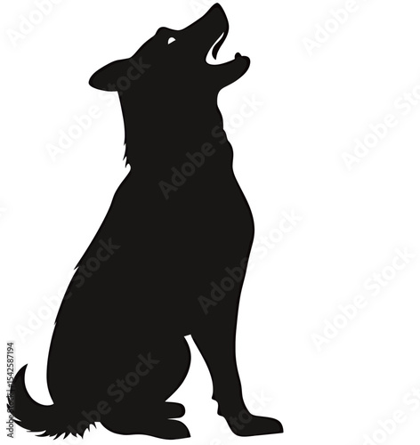 Silhouette of a howling dog against a plain background.