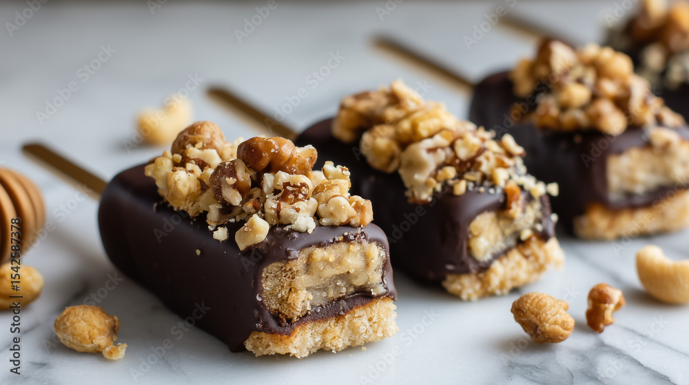 Chocolate Caramel Nut Bar on Wooden Stick with Crushed Nuts