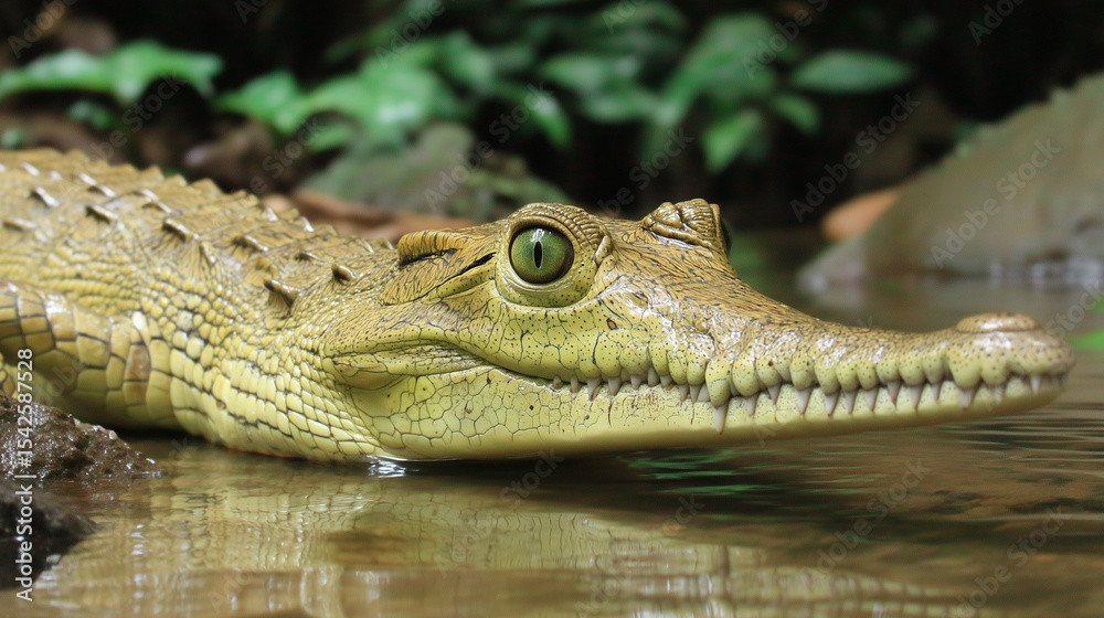 Naklejka premium Crocodile Lying in Water Surrounded by Green Foliage in Natural Habitat