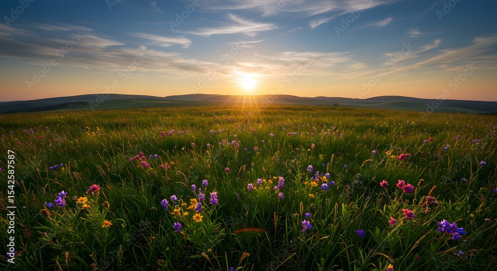Fototapeta premium Colorful Wildflower Meadow at Sunset Scenic Vista with Dramatic Sky and Horizon Landscape Beauty Photography with Sunlight Glow