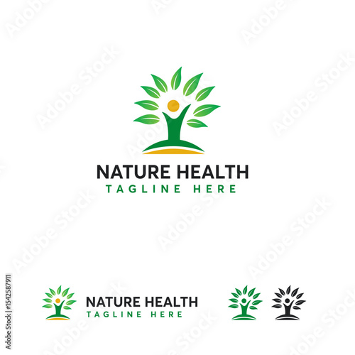 Green stylized  of a person standing in the center of a leafy tree.