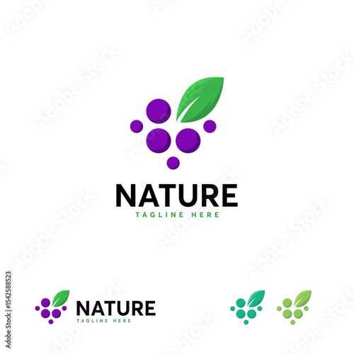 A  design featuring a cluster of purple berries and a green leaf.