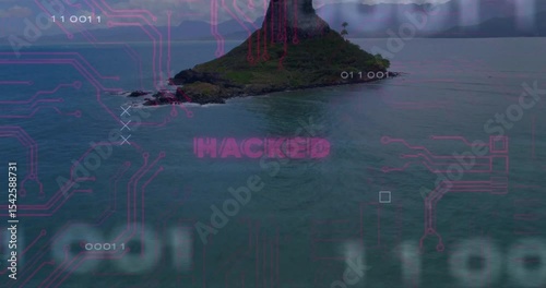 Circuit bits fading over sea initiating glitching HACKED pulsing above rising island signaling hack
