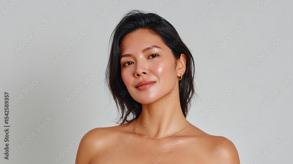 Obraz premium The woman's eyes tell a story of serene beauty, enhanced by a natural radiance, making her the epitome of understated elegance and beauty.