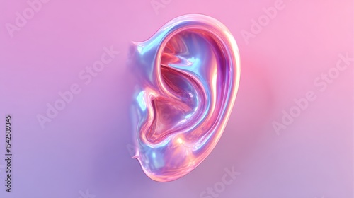 A purple ear on a purple background, The ears are very three-dimensional, The light hits the ears, Natural clarity, The background is a purple-pink gradient, Dreamy background, 3D rendering style, HD.