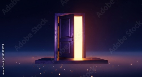 A slightly open door with a bright light shining through in a dark and dreamy ethereal setting