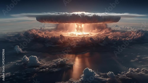 Mushroom Cloud Dominates Sky With Bright Light Emanating Through White Clouds