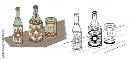 Decorative bottles and a candle holder embellished with floral designs displayed on a wooden surface in artistic rendering