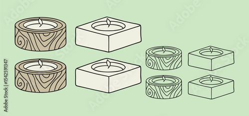 Decorative candles in various shapes and styles with a warm glow on a serene green background for relaxation.