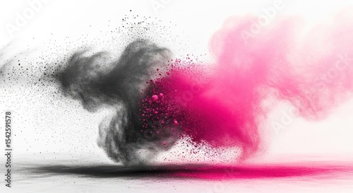 A dramatic clash of black and pink powder against a stark white background creating dynamic contrast