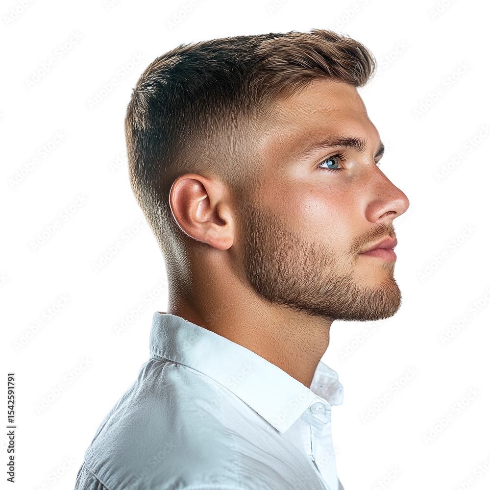 Obraz premium A profile shot of a handsome man with a short haircut, viewed from the side, isolated on transparent background.
