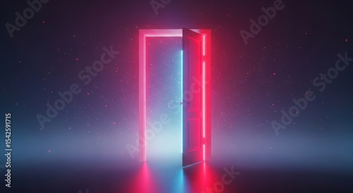 A glowing door with neon lights in red and blue stands slightly ajar in a dark and foggy environment