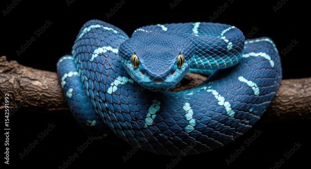 Fototapeta premium A blue viper coiled on a branch with striking yellow eyes and white markings on a black background