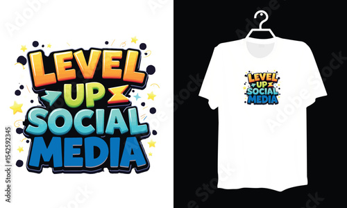 Vibrant Typography Design with Level Up Social Media Text and Decorative Elements

