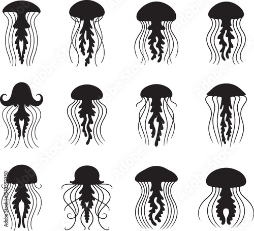 Aquatic Jellyfish Silhouette Collection Ocean Life Set