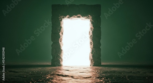 A glowing portal framed by stone blocks in a dark green room with a reflective floor surface that is wet