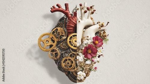 Heart divided into gears and flowers Half mechanical, half natural, on a white or textured background