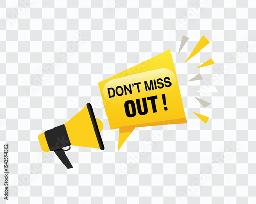 Megaphone with "Don't Miss Out!" message, symbolizing announcement, promotion, and urgency.
