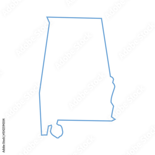 A blue outline of the state of Alabama on white background