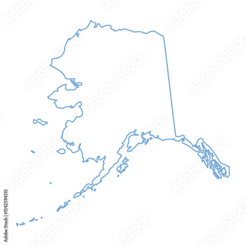 A blue outline of the state of Alaska on white background