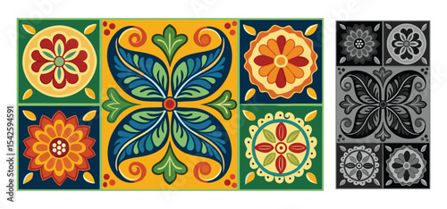 Decorative floral tile patterns in vibrant colors showcasing a classic and intricate mediterranean artistic design.