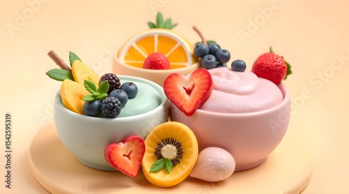 Sculptural clay art depicting colorful smoothie bowls with tropical fruits in soft pastel colors, showcasing gentle and soothing modeled shapes with textured surfaces 