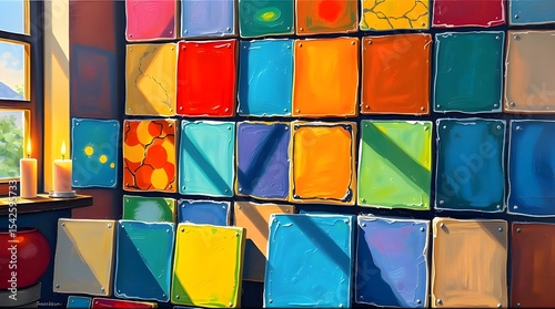 Bold acrylic painting of colorful square tile samples displayed in sunlight, illuminated by warm candlelight, vibrant colors, textured brushstrokes 