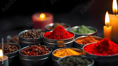 A charming close-up of colorful spices in metal tins on a dark background, illuminated by warm candlelight, emphasizing the flickering flames and adorable, cute features 