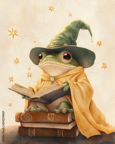 A charming frog wearing a wizard hat and cloak reading a book while sitting on a stack of books surrounded by glowing stars in a magical setting