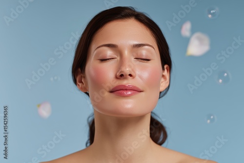 A serene portrait of a woman with closed eyes, gentle expression, and light makeup radiates tranquility, complemented by soft petals and bubbles floating against a soft, inviting background.