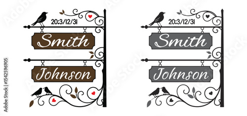 Decorative metal sign showing two family names smith and johnson with a bird on top and branches for embellishment.