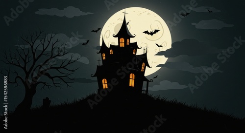 Spooky halloween haunted house under full moon