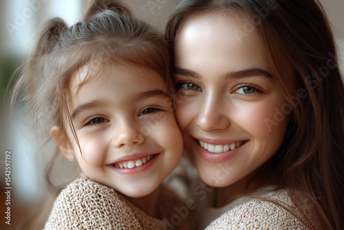 Cute little preschooler daughter hug cuddle with smiling young mother kiss show love and affection, small girl child embrace happy millennial mom or nanny, share close intimate moment togethe