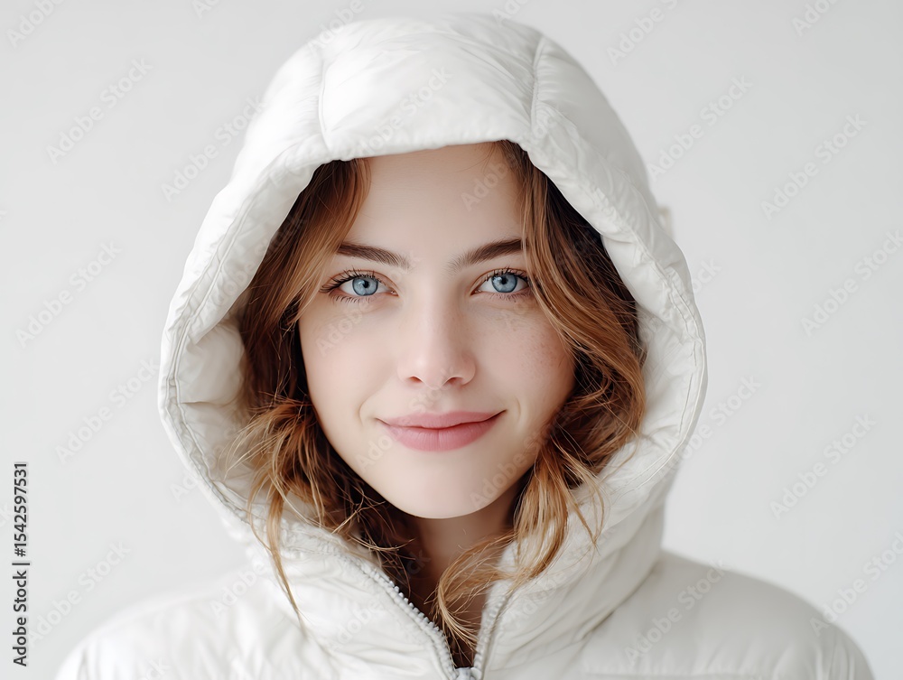Obraz premium Beautiful Young Woman With Blue Eyes Wearing A White Hooded Jacket Smiling Into The Camera, Fashion Beauty