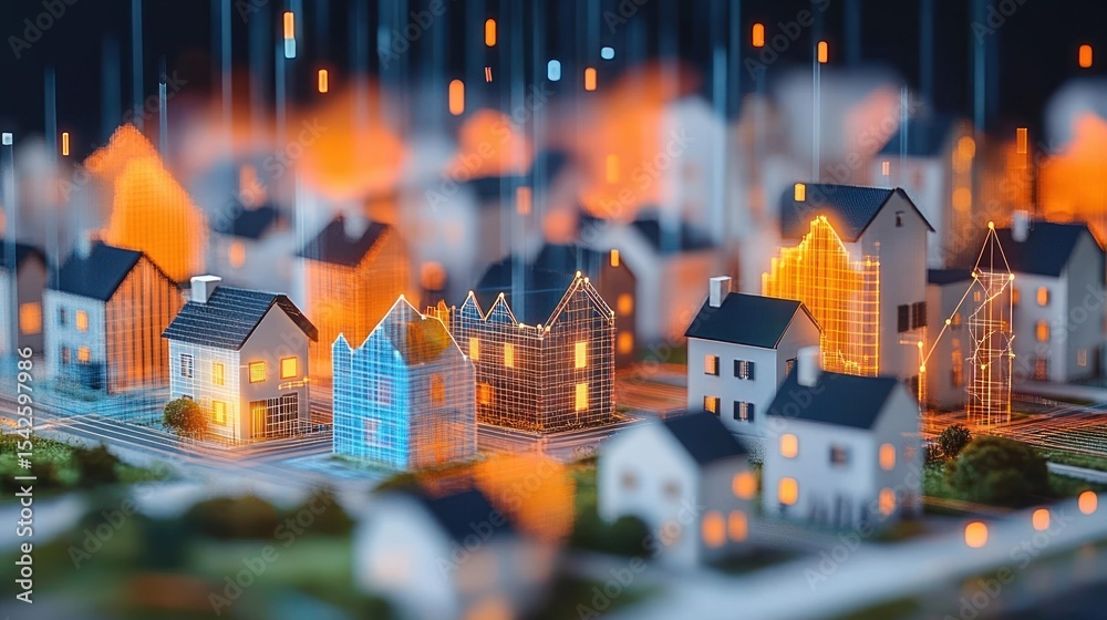 Obraz premium Futuristic miniature neighborhood with physical houses and glowing digital wireframe overlays representing smart city technology and data visualization at night