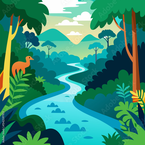 Wildlife of tropical forest flooded with water vector landscape nature background.