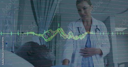 Detecting pulsing medical waveform, doctor leaning in monitoring guiding patient comfort bedside