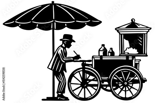 Vintage Illustration of a Street Vendor at His Cart Under a Parasol
