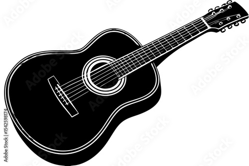 Acoustic Guitar Illustration Black and White Line Art Drawing