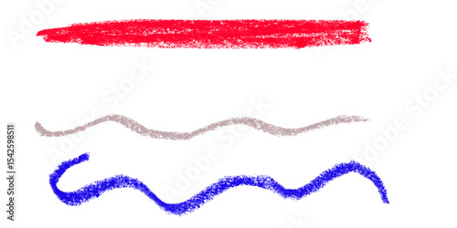 Red and blue crayon wave strokes with soft sketch texture – abstract hand-drawn combo lines for playful vector graphics, modern overlays, or underline effects – transparent background

