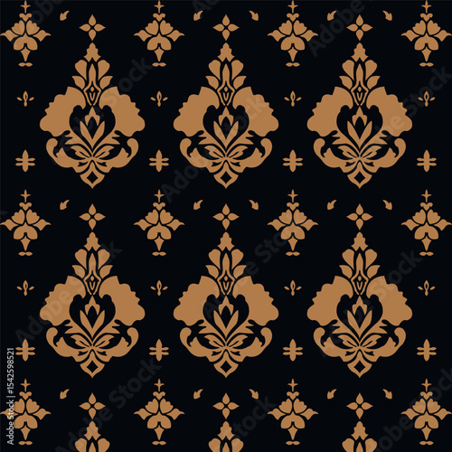 Elegant Thai-style damask pattern with gold motifs on a black background. Perfect for luxury textiles, wallpapers, and decorative design themes.