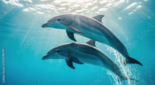 Two dolphins swimming gracefully underwater with sunlight filtering through the clear blue ocean water