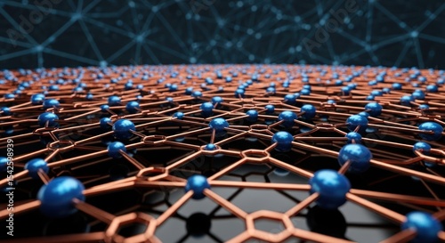 A close up view of a network structure with blue spheres connected by copper colored lines on dark background