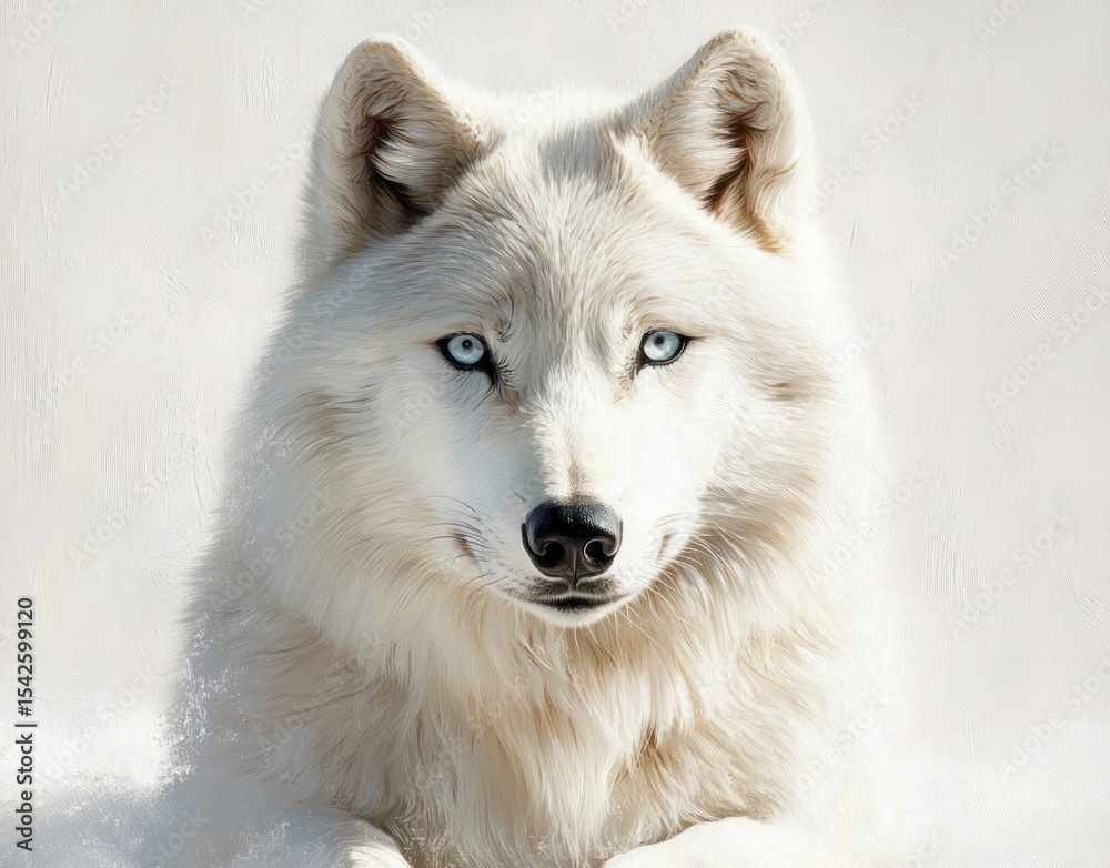 Fototapeta premium Close-up portrait of a calm white arctic wolf with piercing blue eyes against a neutral light background