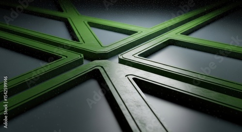 A close up shot of a green geometric design with intersecting lines on a dark surface with texture