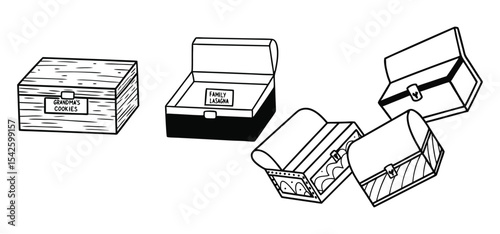 Delightful black and white illustration featuring various storage boxes with food labels for illustration purposes