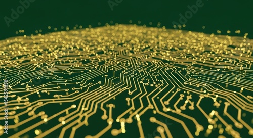 A detailed close up of a circuit board with golden lines on a dark green background in a technology theme